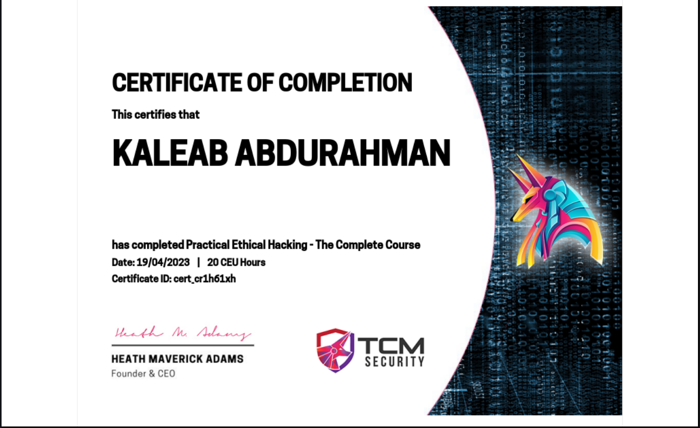Practical Ethical Hacking certificate