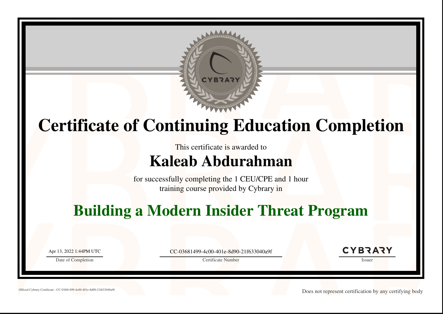Insider Threat Program certificate