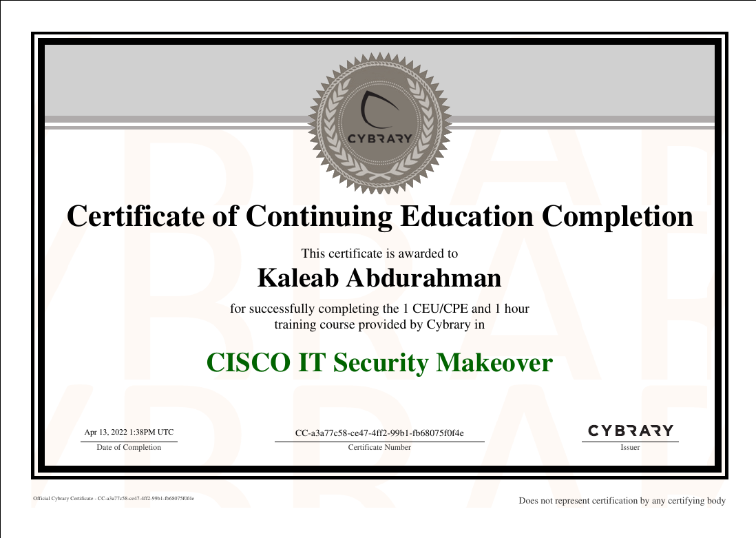 Cisco IT Security Makeover certificate