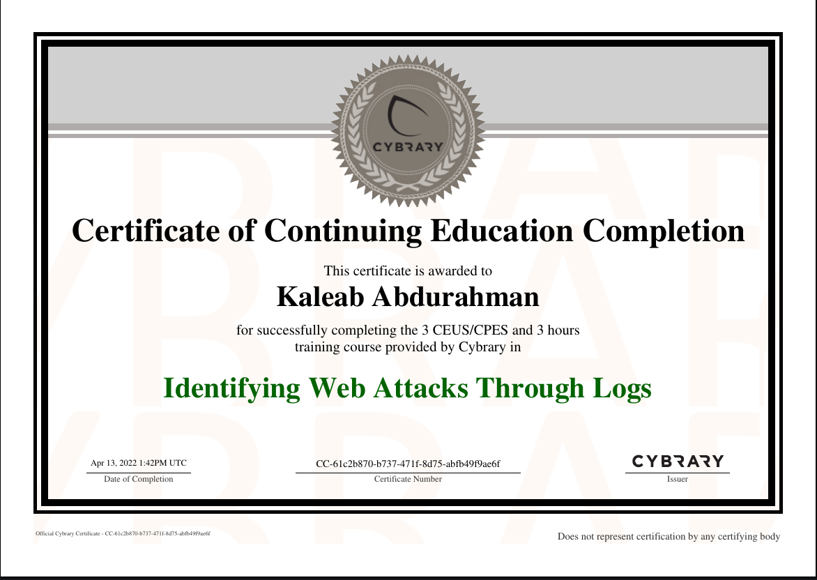 Identifying Web Attacks Through Logs certificate