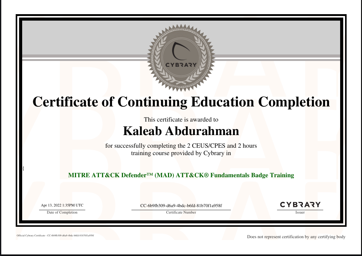 ATT&CK Fundamentals certificate